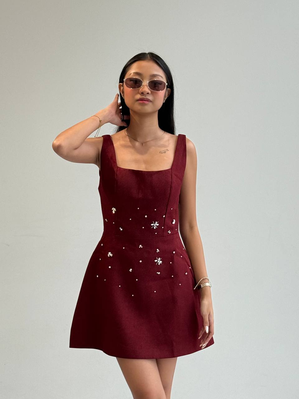 Rechic Burgundy Mini Dress Hand Place Crystal Bead Embellishment Floral Appliques