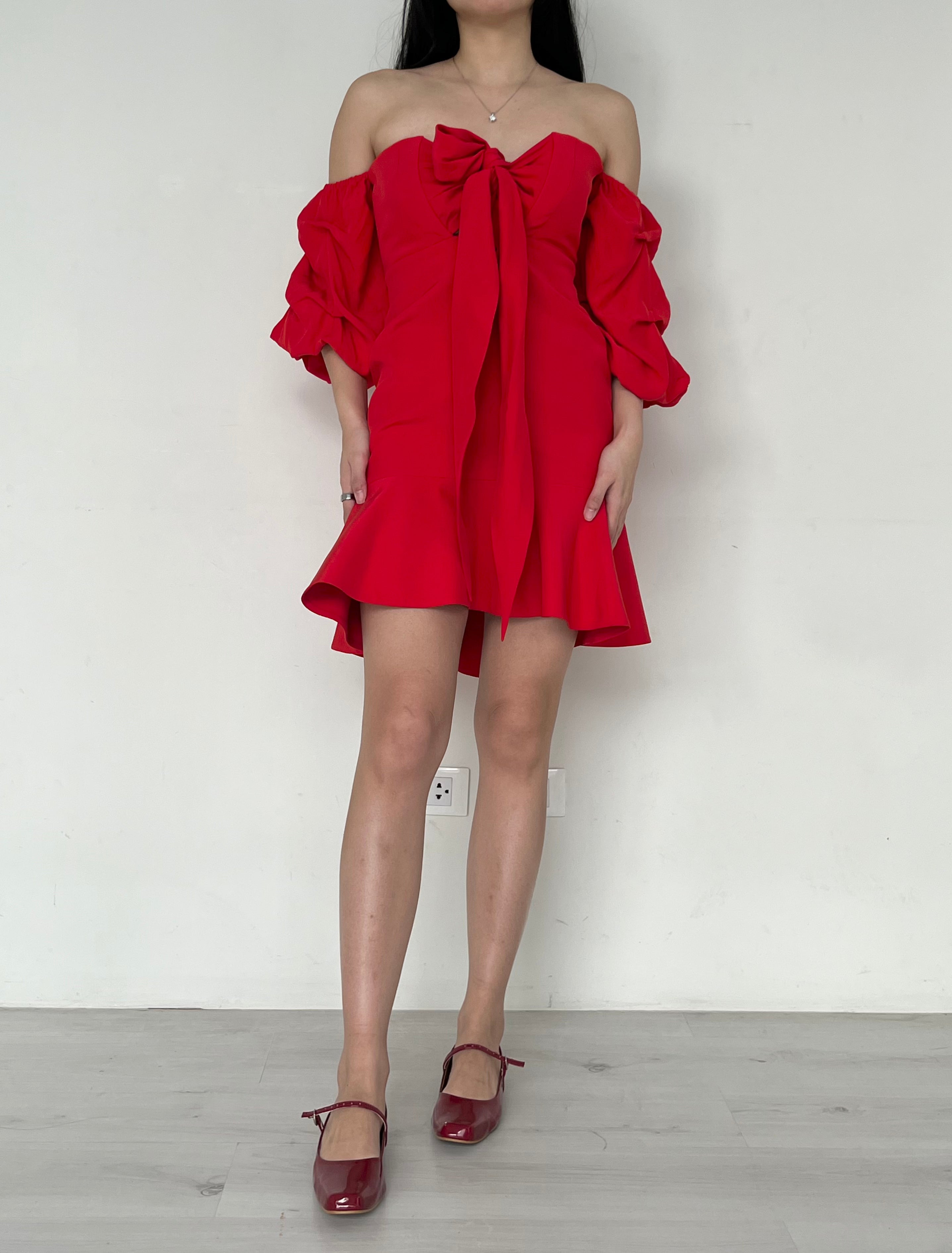 Alexis Red Mini Front Tie Off Shoulder Dress