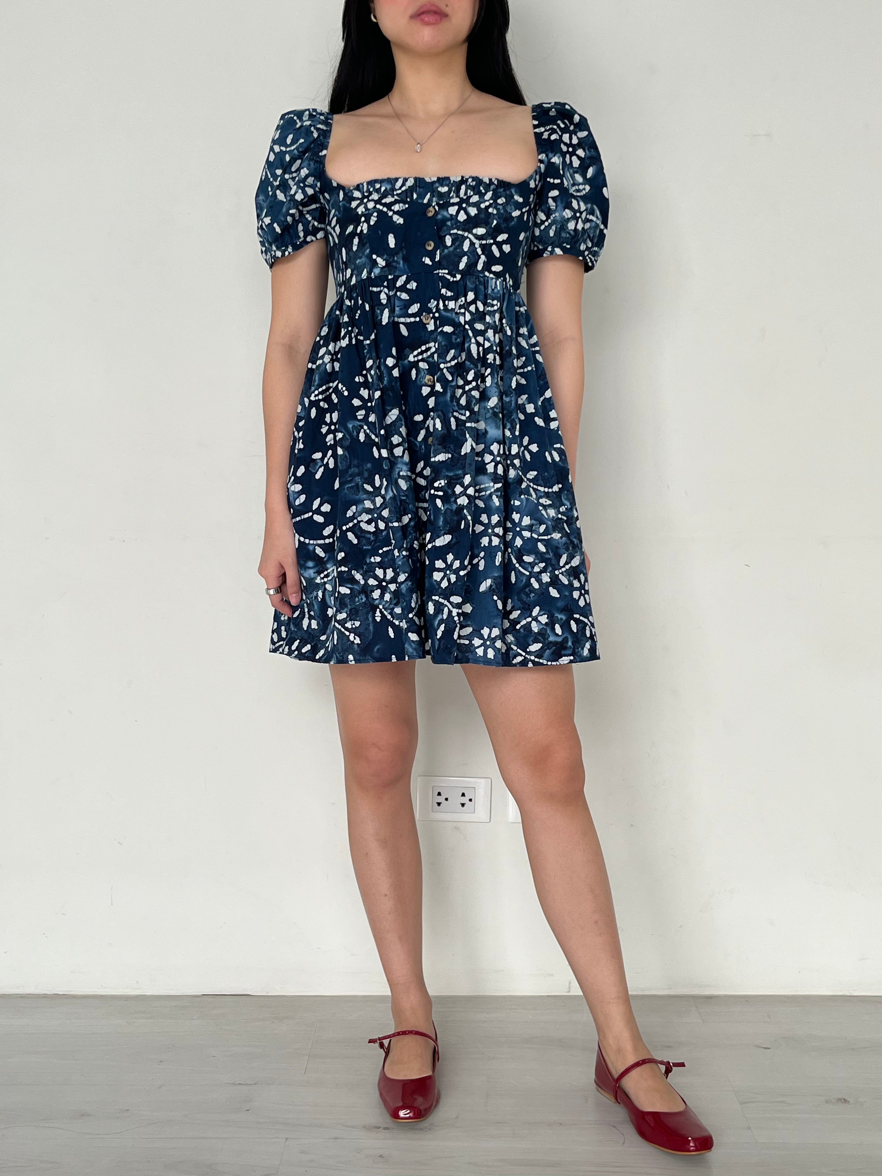 Ciao Lucia Blue Puff Sleeve Short Dress With Button Detail