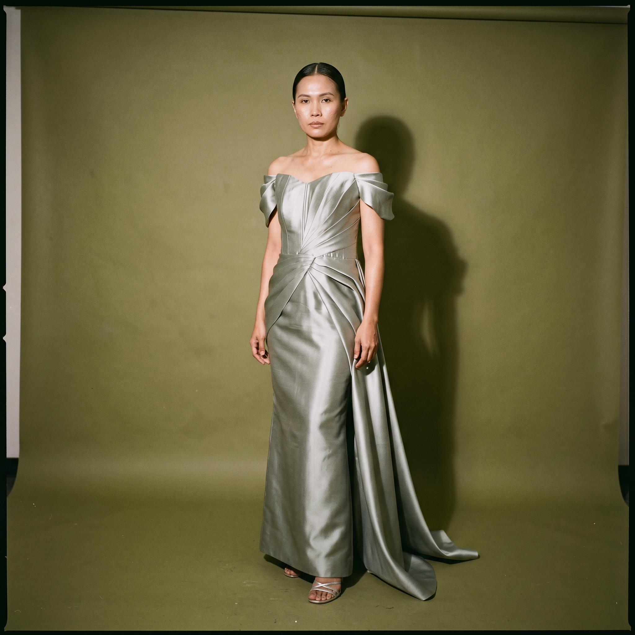 Jot Losa Satin Off Shoulder Draped Sleeves Fitted Sheath Floor Length