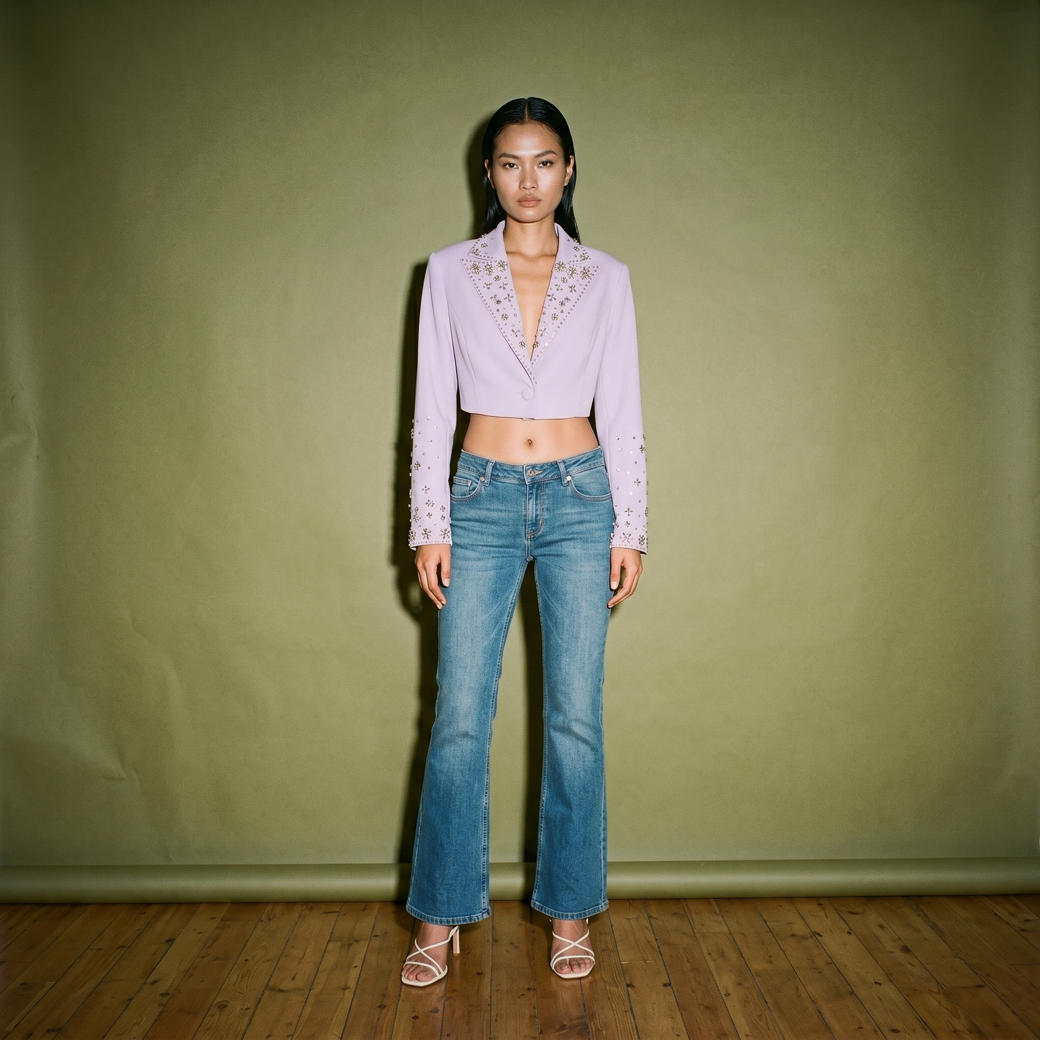 Karen Miller Light Blue Embellished Cropped Jacket Crystal Adornments