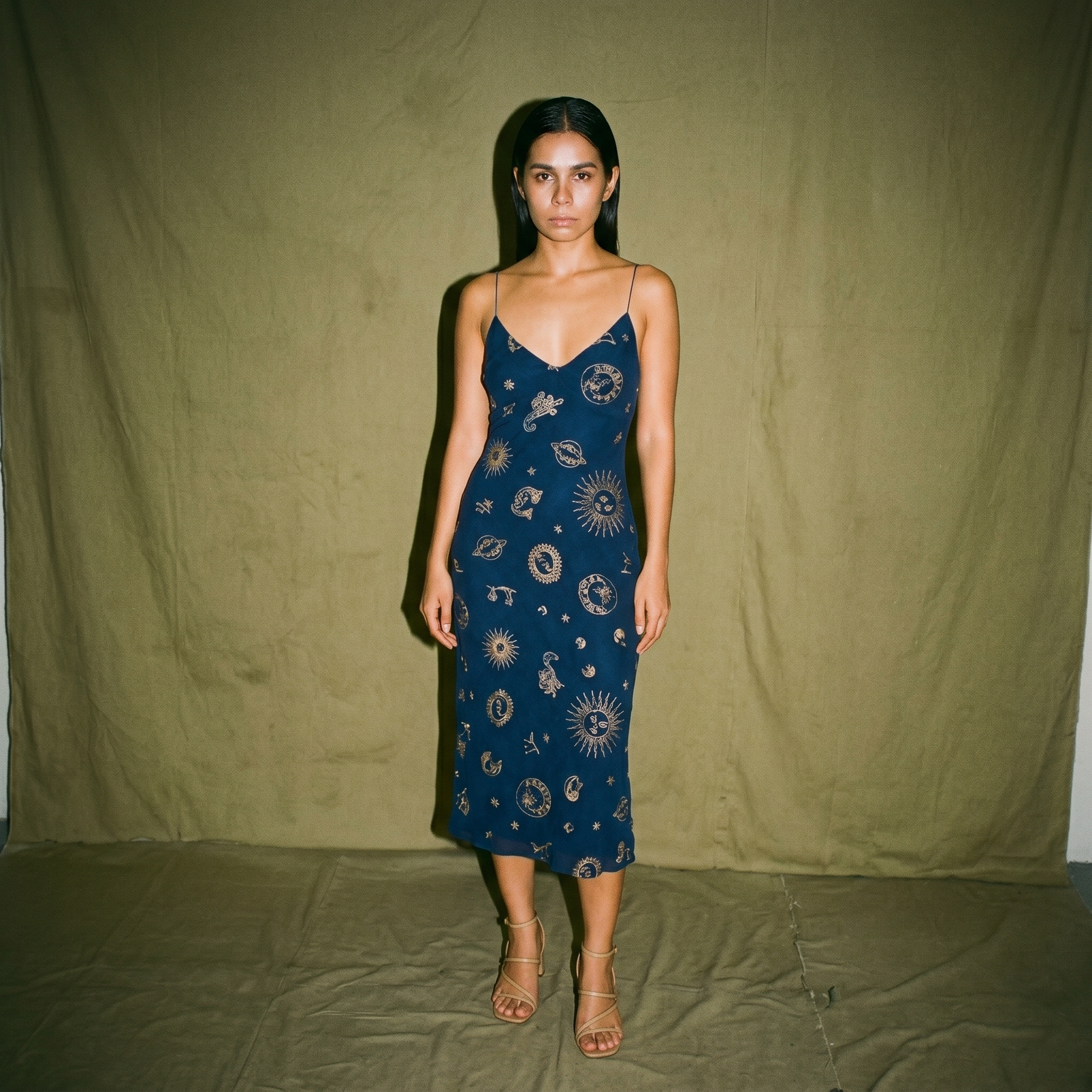 Réalisation Par Blue Slip Dress Embroidered Resemble Zodiac Print