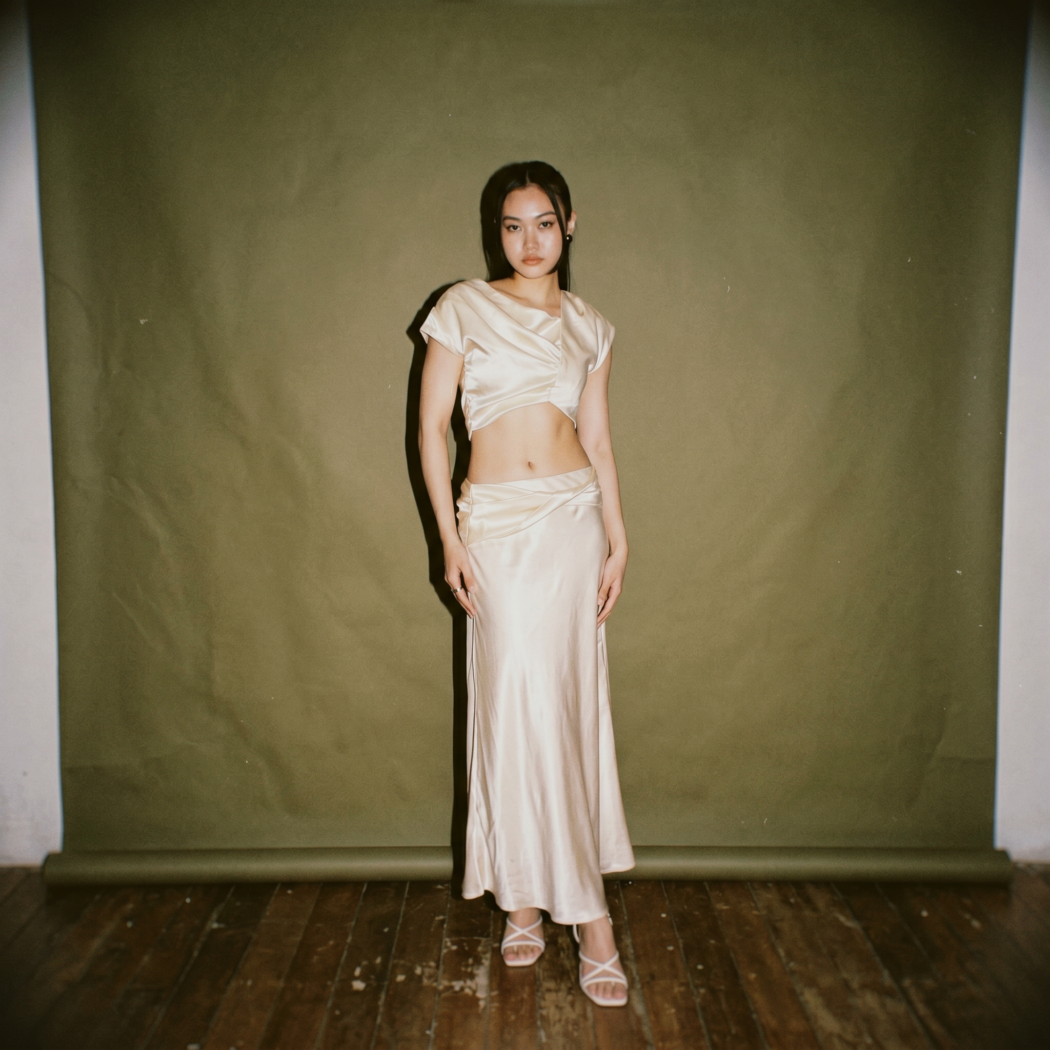 Rotacion Co-Ord Satin Cropped Blouse with Draped Neckline Wide Strap High Waist