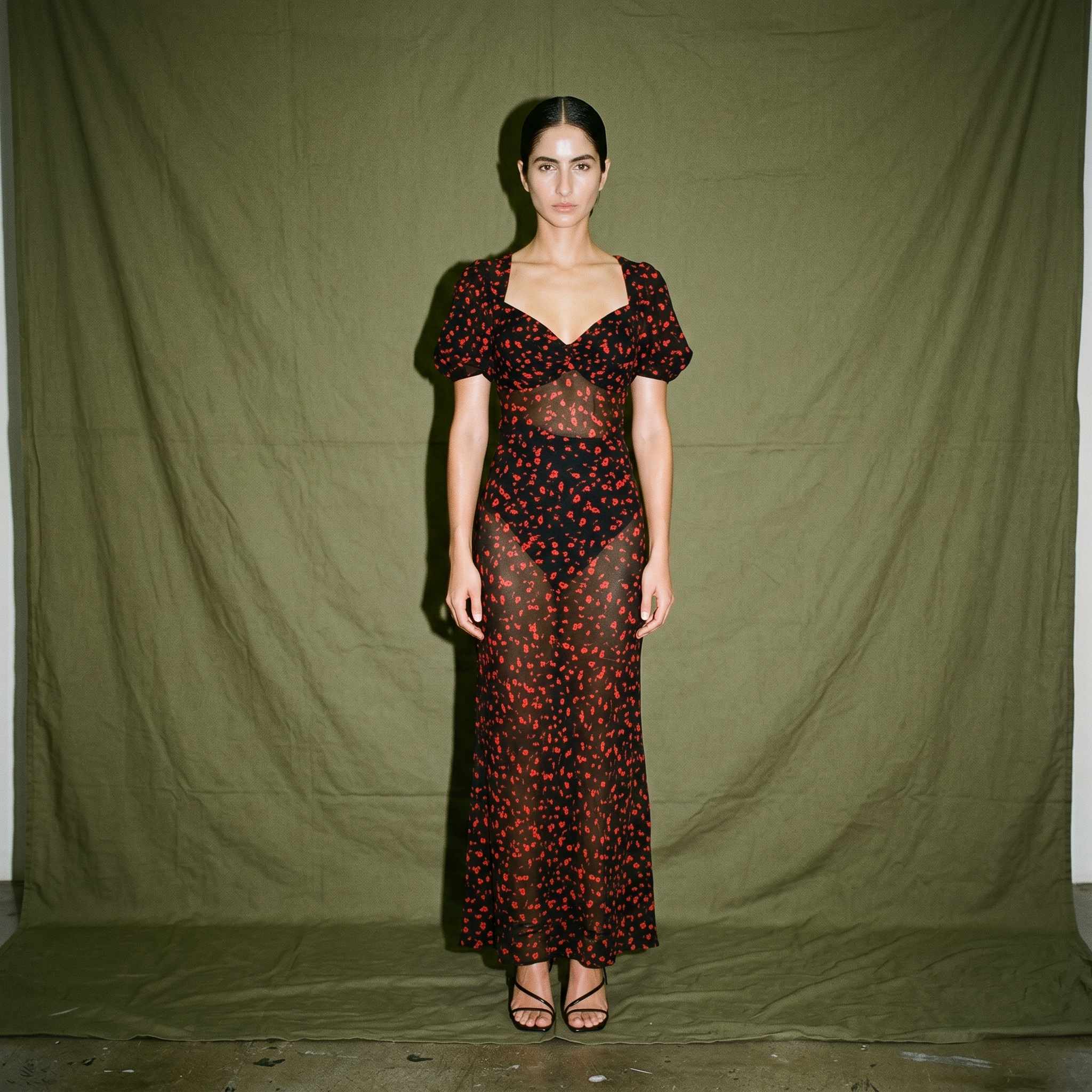 Rat&Boa Magnolia Floral Dress Puff Sleeveless High Slit Semi Sheer