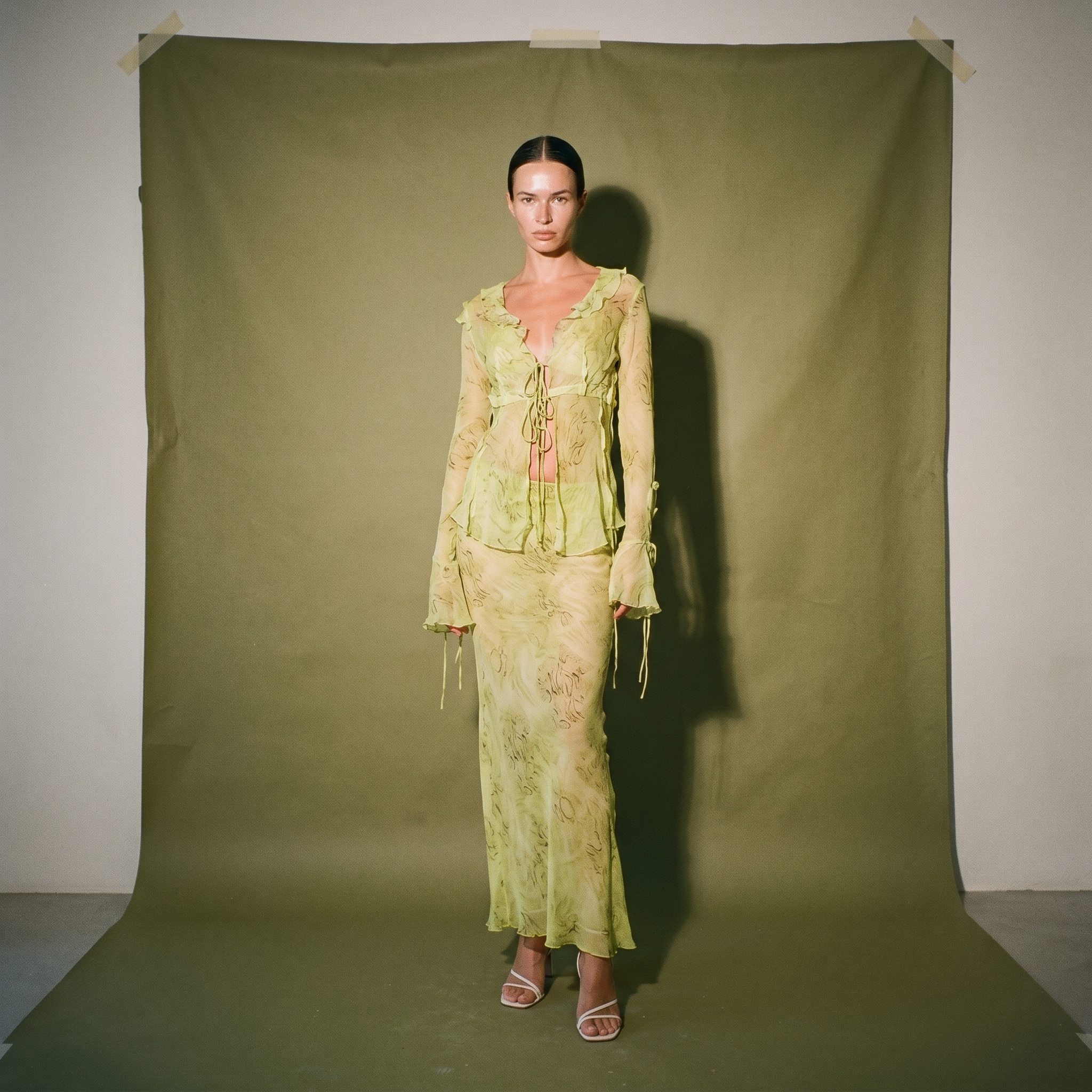 Rat & Boa Sheer Long Sleeve Ruffled Top Matching Long Skirt Lime Green Abstract