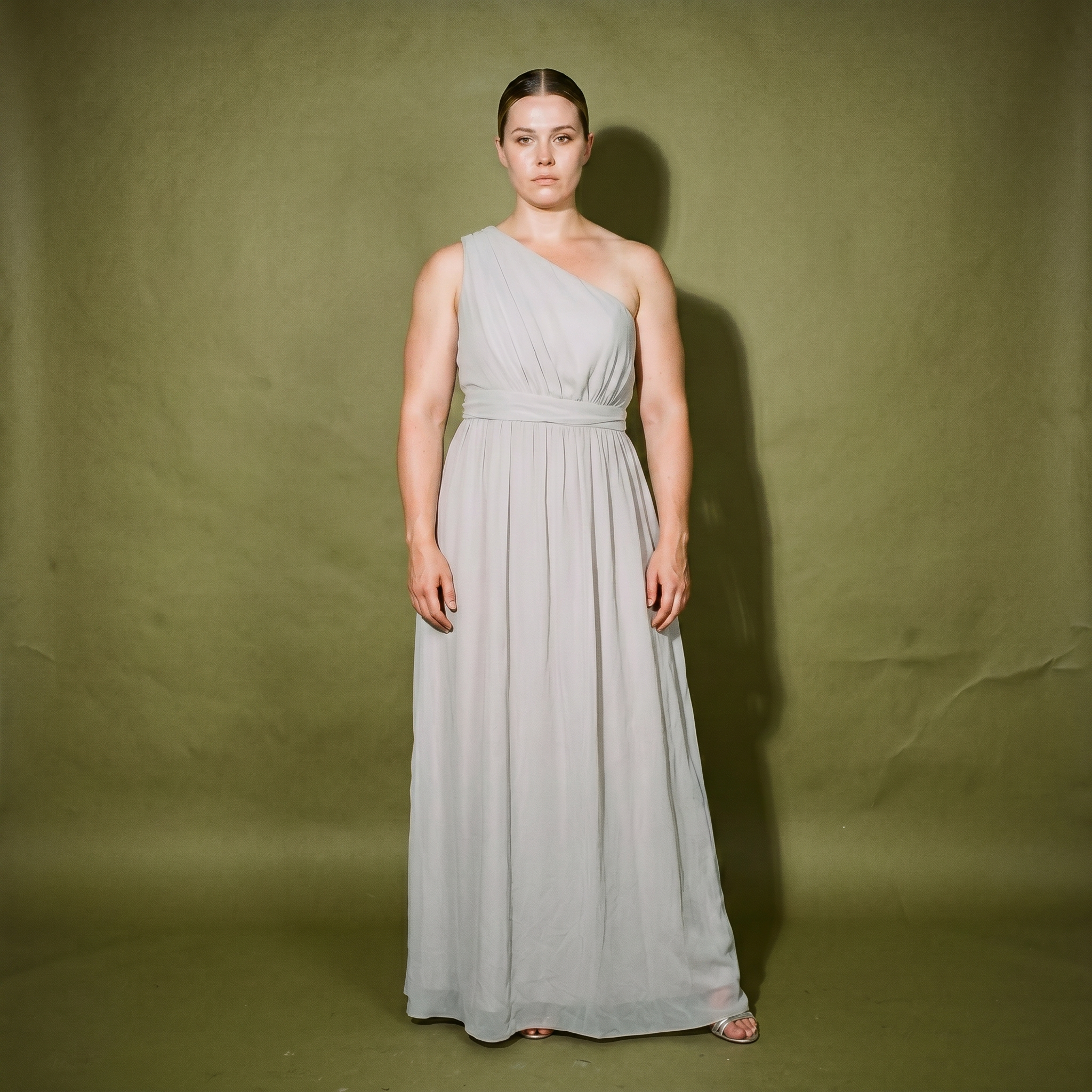 Rotacion Light Gray One Shoulder Dress Draped Bodice Sheer